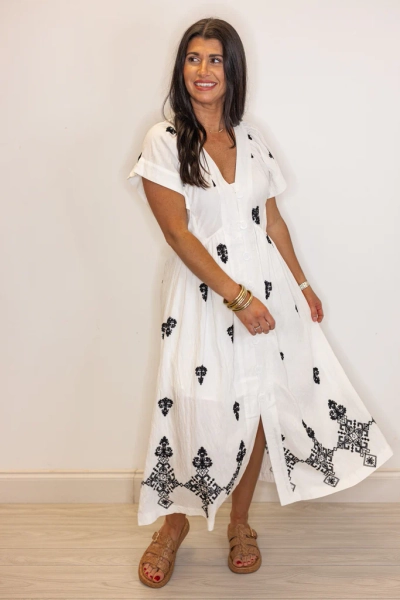 Embroidered Aztec Off White Midi Dress