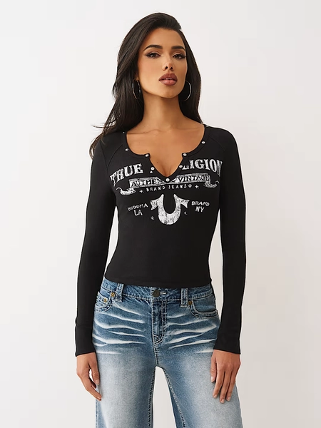 RIBBED V NOTCH LONG SLEEVE TEE