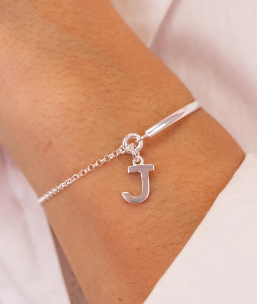 Demi jonc chaînette pendentif initiale Argent 925