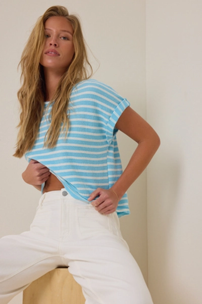 
        Hattie Stripe Roll Sleeve Crew in Blue & Ivory | Altar'd State
    