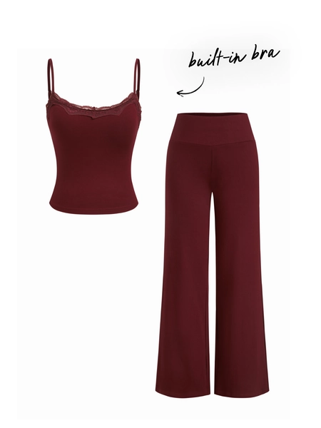 Knit Fabric Built-in Bra Square Neck Lace Trim Cami Top & Mid Rise Straight Leg Trousers Loungewear Set For Bedroom