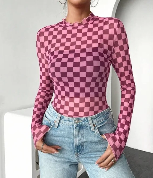 INAWLY Mesh Lace Ruffled Collar Long Sleeve Slim Fit Blouse