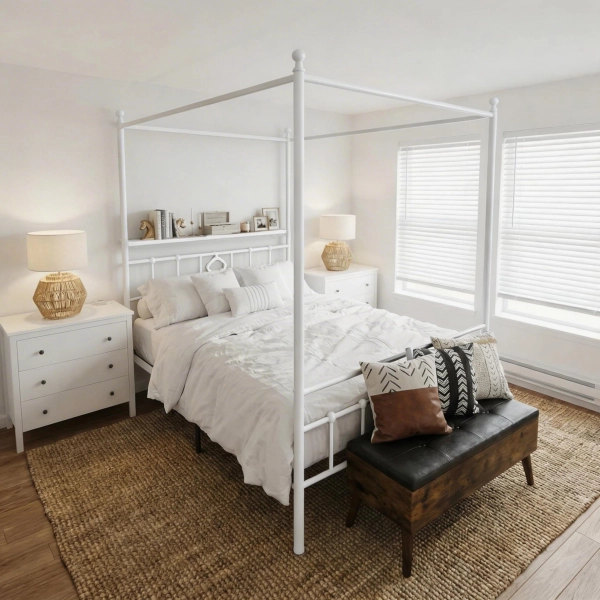 Metal Canopy Bed Frame With Storage Headboard And 4 Removable Posts