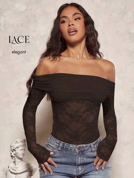 SHEIN x Carly Lawrence SHEIN BAE Sexy See-Through Lace Splicing Off Shoulder Long Sleeve T-Shirt For Romantic Valentine's Day Date,Ladies Sexy Ruched,Sheer Regular Sleeve Off The Shoulder Slim Fit Coffee Brown Plain Women Tops,Spring/Fall,Casual Daily Wear