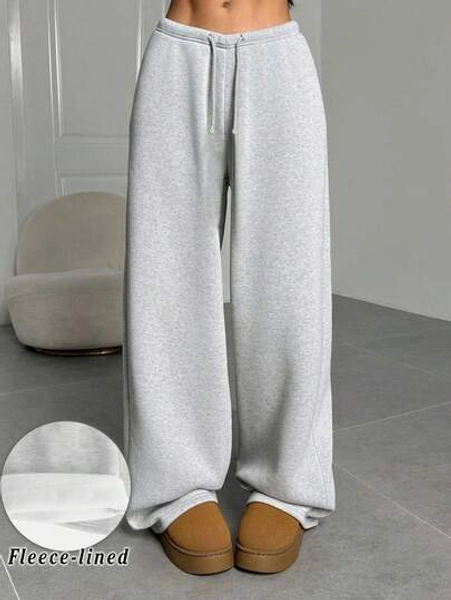 SHEIN Tween Girls Autumn And Winter Plus Velvet Thickened Simple Drawstring Loose Sports Straight Pants Floral Gray Sports Sweatpants, Casual Daily Wear