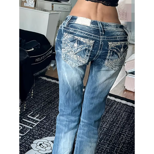 Women Slim Fit Personalized Cross Embroidered Jeans American Style Y2k Millennial Spicy Girl Low Waist Design Floor Length Pants - AliExpress 200000345