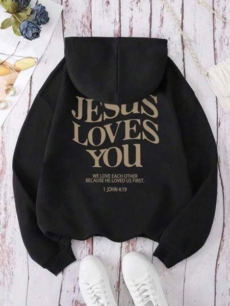 Tween Girl Black Casual Slogan Printed Warm Lined Hoodie, For Autumn/Spring/Winter