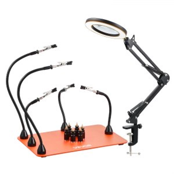 VEVOR Magnetic Helping Hands Soldering Station, 2-In-1 Third Hand Soldering Tool - 3X LED Magnifying Lamp &amp; 5 Flexible Arms, 6 PCB Holders, Heavy-Duty Base Station for Electronic Repair Craft Hobby