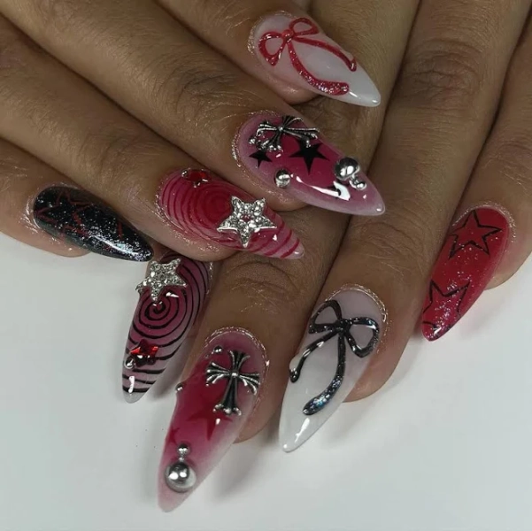 Handmade Grunge Goth Cross Star Ribbon Press On Nails