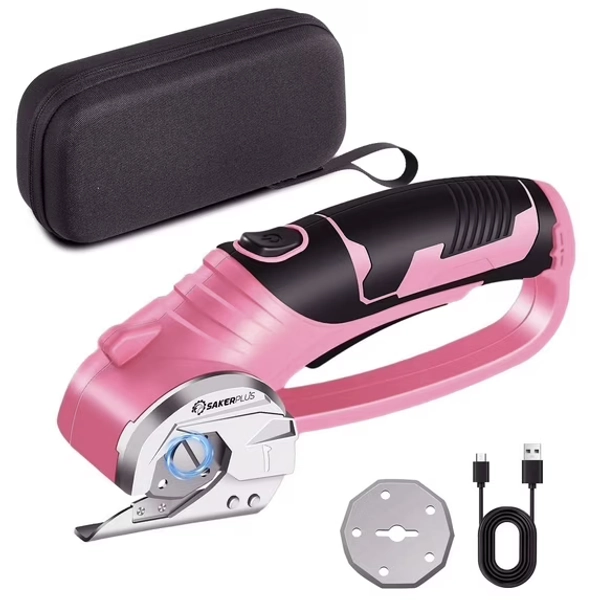 Saker 4V Cordless Electric Scissors, Cardboard Cutter with Safety Lock, LED Light, 220RPM Rotary Cutter for Cardboard, Fabric, Box, Leather, Pink