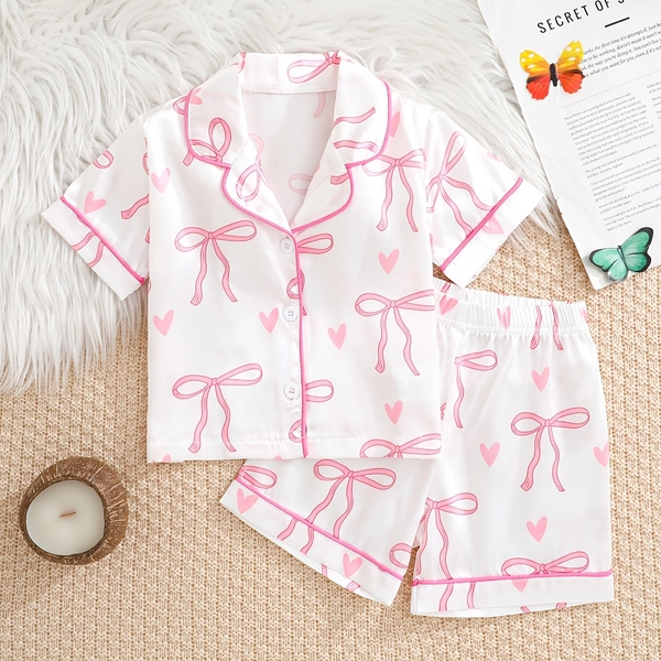 [Sleepwear Set] Baby Girl Heart-Shaped Bow Print Pattern Flame Retardant Fabric Suitable for Spring and Summer Sleepwear Set