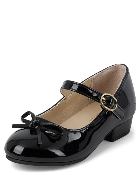 Toddler Girls Bow Faux Patent Leather Low Heel Shoes - BLACK