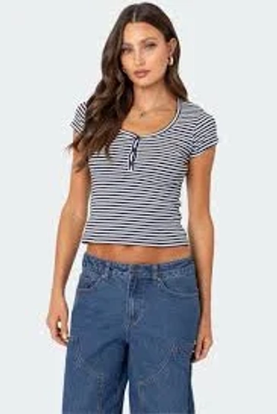 edikted Kady Striped Henley T Shirt navy Sale | Clothing