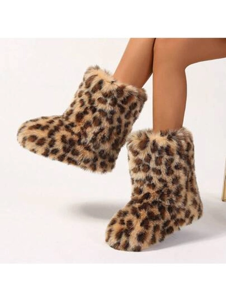 Women's Faux Fur Leopard Print Boot Furry Fluffy Round Toe Suede Snow Winter Boots Comfy Plush Warm Short Outdoor Indoor Flat Shoes Mid-Calf Boots