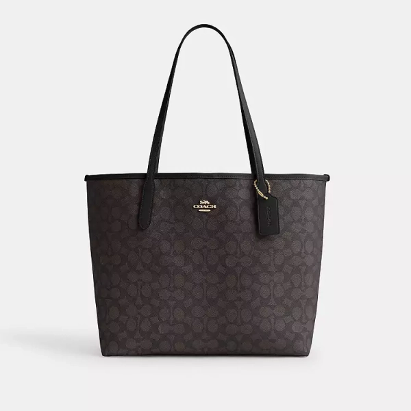 Gold/Walnut/Black City Tote Bag In Signature Canvas
