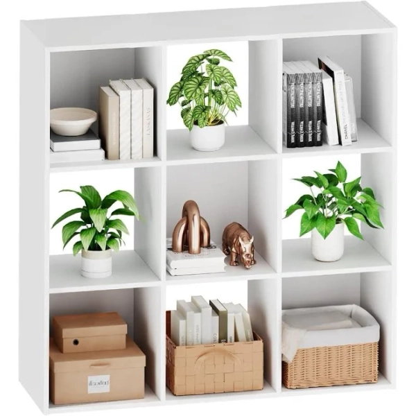 Modern White 9-Cube Organizer - 5 Removable Back Panels, 60lb per Cube Storage Shelf for Living Room, Bedroom, Office, 36" L, Easy Assembly & Anti-Tip