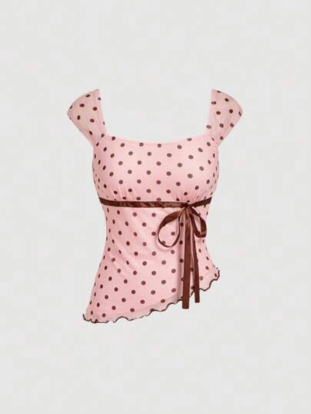 SHEIN MOD Women's Polka Dot Top Print Bowknot Asymmetric Ruched Mesh Blouse