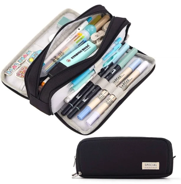 CICIMELON Large Capacity Pencil Case 3 Compartment Pouch Pen Bag for School Teen Girl Boy Men Women (Black) Black Travel