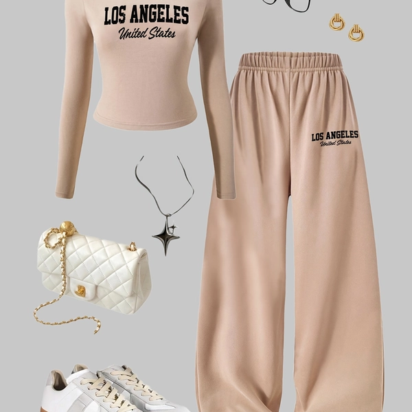 [2pcs Casual Set] Teen Girl Clothes: A 2pcs Set Featuring a Casual, Fashionable, and Simple Fitted Round-Neck Long-Sleeve T-Shirt With "LOS ANGELES" Lettering and Wide-Leg Pants, Suitable for Teenagers; a Casual Daily Fashion Brown 2pcs Set for Teens, Including Top
