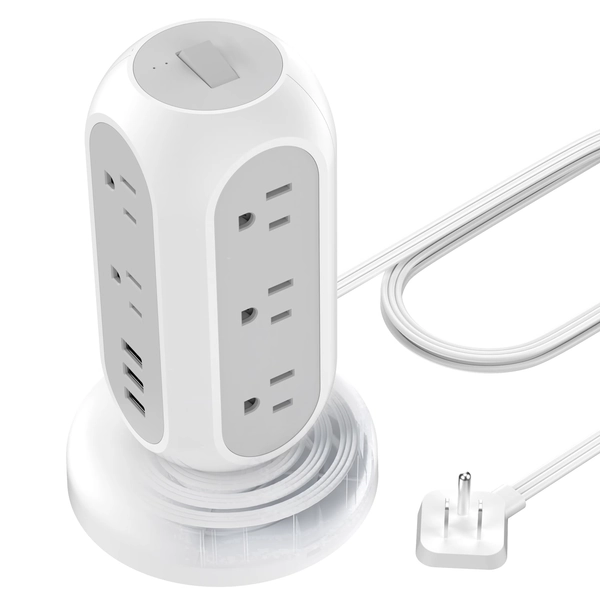 11-Outlet Spinning Charging Tower,  Power Strip with 5ft Ultra Thin Retractable Extension Cord and 3 USB Ports, 1050J Surge Protector, Gray - Walmart.com
