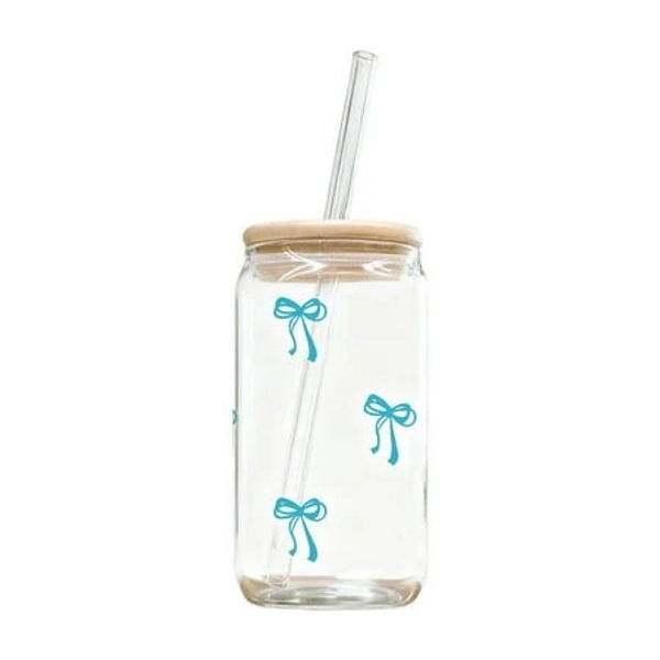 Cute Sky Blue Bow Glass Cups with Lids and Straws,16 oz Aesthetic Iced Coffee Cup,Design Tumbler Mug for Women Girlfriends Christmas Gifts, Size: One