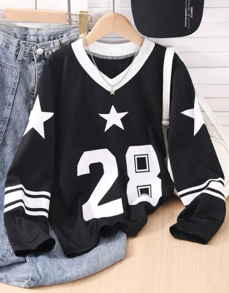 SHEIN Tween Girls Long Sleeve Loose Fit Polyester T-Shirt