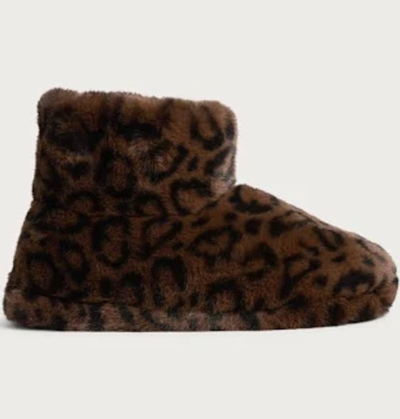 F&F Faux Fur Leopard Print Boot Slippers in Brown