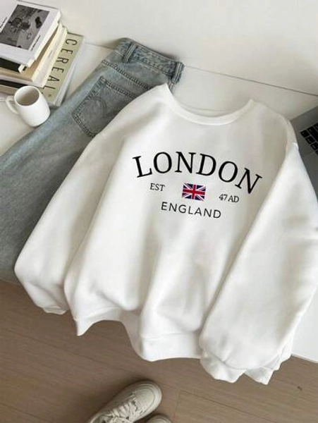 SHEIN EZwear Casual Simple London Flag Print Pattern Loose Round Neck Long Sleeve Sweatshirt For Women Autumn And Winter