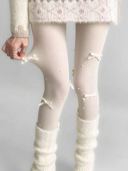 Autumn/Winter Velvet Bow Tie Sheer Tights, Versatile Hosiery JK Style Cute Sweet Lolita Pearl Pantyhose Ballet Style Pure White Vertical Striped Leggings, Slimming