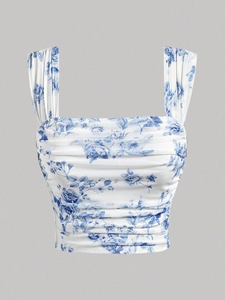 SHEIN Girlism Tween Girl Elegant Square Neck Blue And White Floral Print Pleated Wide Strap Pleated Side Tank Top