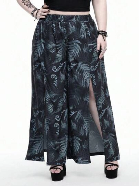 Plus Size Women Gothic Leaf Allover Print Elastic Waist Long Split Hem Beach Pants, Vacation