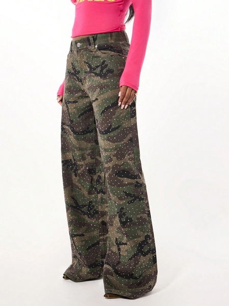SUMWON WOMEN Rhinestone Embellished Wide Leg Cargo Pants Military Combat Utility Style Camouflage Pattern Festival Party Glam Holiday Winter Fashion