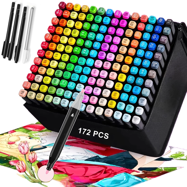 172pcs Artist Markers Pens Set, Dual Tips Chisel & Fine Sketch Art Markers, Art Supplies Kit for Adult Drawing Book Color, Painting, Blending And Sketching, New Year's Gifts, Making Greeting Cards