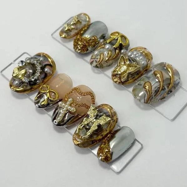 Gold Charm Press On Nails, Handmade Gel False Nails