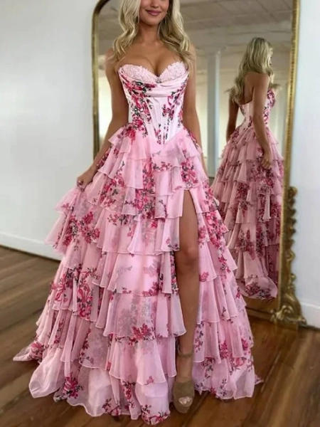Haruko A-Line Tiered Chiffon Prom Dress with Slit