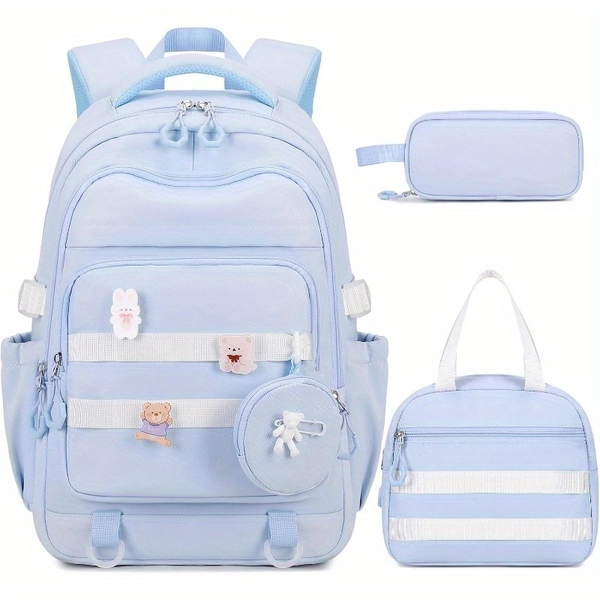 Backpacks for Girls 4pcs Girls Backpack with Lunch Bag Pencil Pouch Coin Pruse for Teens Elementary Middle High School College Student Bookbag Daypack Blue