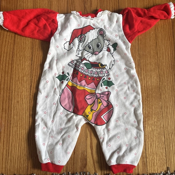 Vintage Christmas Mouse Romper Girls  6 Months Red Santa Mouse Christmas 80s