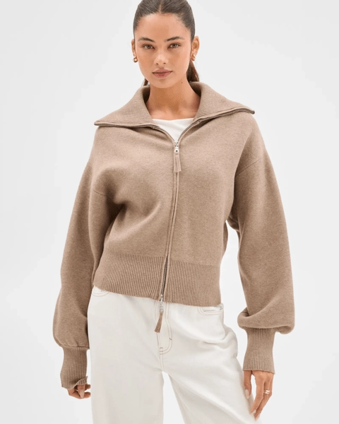 Lily Loves Long Cocoon Sleeve Zip Through Cardigan - Cocoa