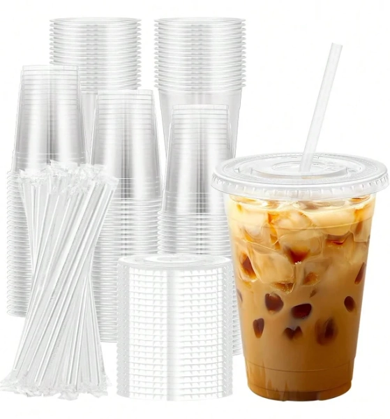 Plastic Cups with Lids and Straws
