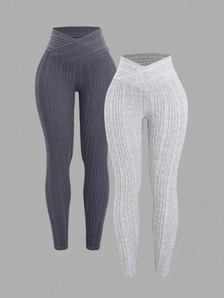 Sweetra Women Stretchy Form-Fitting Yoga V-Waist Knitted Light Gray Deep Gray 2pcs Set, High Waisted Velvet Feel Leggings For Autumn/Winter Fall Cloth For Women