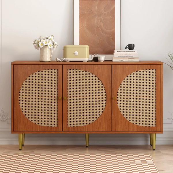 Aparador baixo com 3 portas decorado em rattan, aglomerado, estilo vintage, nogueira, 129,8x 40x 76cm