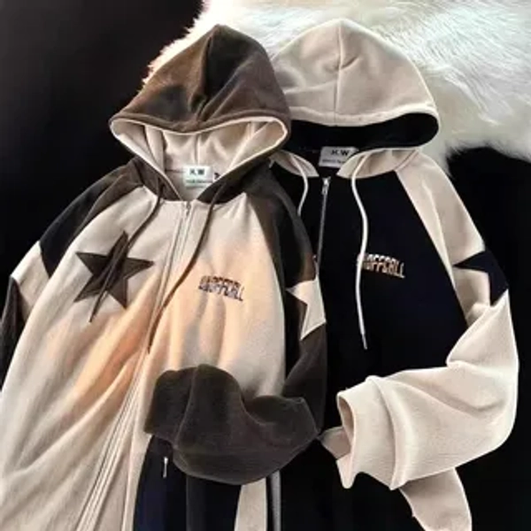Long Sleeve Zip Up Color Block Star Patchwork Hoodie Pullover