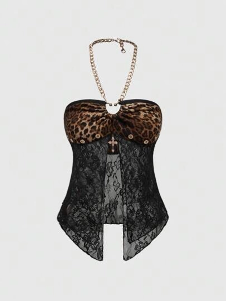 ROMWE J-Fashion Y2K Retro Sexy Cross Decor Leopard Lace Halter Neck Women Tank Top