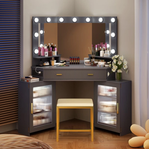 Everly Quinn Modern Corner Makeup Vanity Set with Mirror and Cabinets
