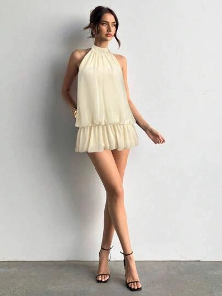 Aloruh Women Solid Open Back Tie Halter Neck Ruffle Hem Mini Dress