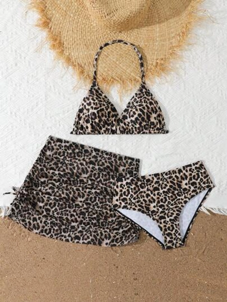 Tween Girls 3-Piece Bikini Set With Leopard Print Knit Swimwear & Cover Up Skirt, Fashion Elegant Casual Suitable For Swimming, Vacation, Summer Young Girl Summer Outfits Young Girls Sets Bathing Suit Set Kids Two Pieces Bathing Suit For Kids Kids Bathing Suit Sets Kids Swimming ,Kids Beachwear Summer Holiday