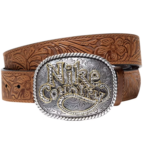 Nike Country Rhinestone Plaque Buckle Leather Belt Tan/Beige