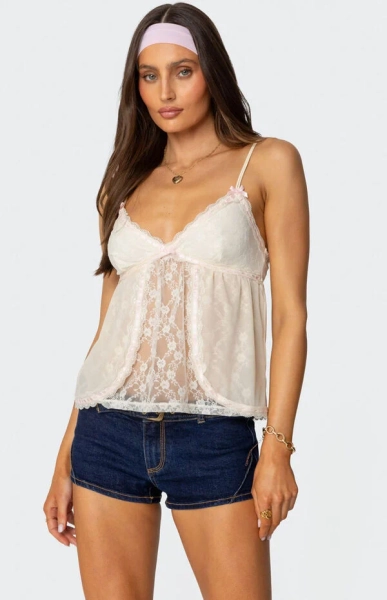 Ribbon Sheer Lace Babydoll Top