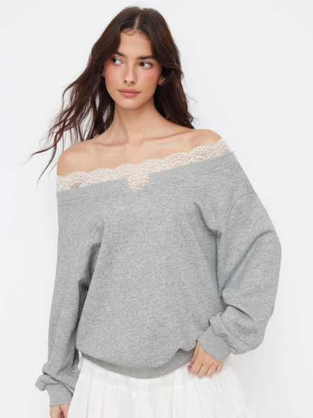 Terry Off-Shoulder Lace Trim Oversized Sweatshirt
