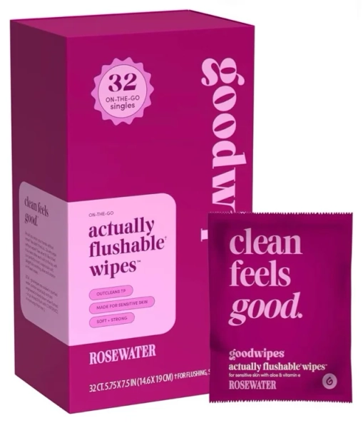 Goodwipes Flushable Wipes for Women - Rosewater Individually Wrapped Travel Butt Wipes To Go, Mini Purse & Festival Essentials for Adults, pH Balanced for Feminine Hygiene, 32 Count (1 Pack)